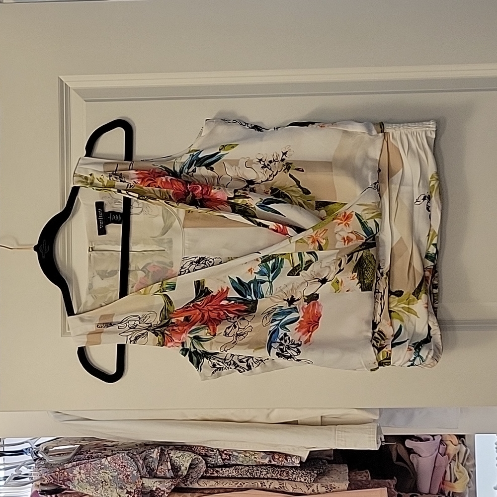 WHBM floral surplice top, smocked stretchy waist, button neck closure